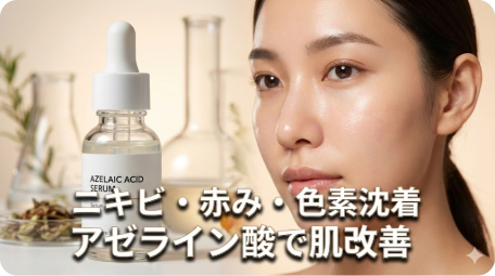 アゼライン酸美容液と、ニキビ・赤み・色素沈着が改善したクリアな肌の女性。「アゼライン酸で肌改善」のテキスト。 TITLE: アゼライン酸でニキビ・赤み・色素沈着を改善！科学的根拠を解説 FILENAME: azelaic-acid-skincare-serum.png