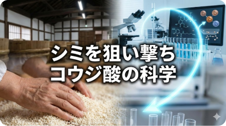 酒蔵で麹米に触れる杜氏の手と、科学実験室の顕微鏡や分子構造図を合成した画像。中央に「シミを狙い撃ち コウジ酸の科学」という文字。 TITLE: コウジ酸のシミへの効果と科学的メカニズムを解説 FILENAME: kojic-acid-science-mechanism.png