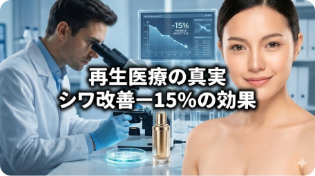 再生医療の研究室で顕微鏡を覗く科学者と美容液、女性の顔。「再生医療の真実 シワ改善－15%の効果」の文字。幹細胞コスメと培養上清液の科学的根拠を示すイメージ画像。 TITLE: 幹細胞コスメの真実！論文が示す－15%シワ改善効果とは FILENAME: stem-cell-cosmetics-wrinkle-reduction-truth.png