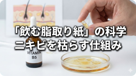 ビタミンB5のサプリメントとスポイト瓶、シャーレ、皮膚の断面図。「飲む脂取り紙」の科学 ニキビを枯らす仕組みというテキスト。 TITLE: パントテン酸(ビタミンB5)がニキビを枯らす皮脂分解のメカニズム FILENAME: vitamin-b5-pantothenic-acid-acne-mechanism.