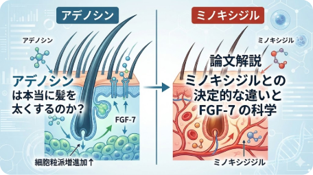 アデノシンとミノキシジルの違いとFGF-7の科学的根拠を解説する論文記事のアイキャッチ画像 TITLE: アデノシンは本当に髪を太くするのか？論文解説とミノキシジルの違い FILENAME: adenosine-vs-minoxidil-fgf7-hair-science.png