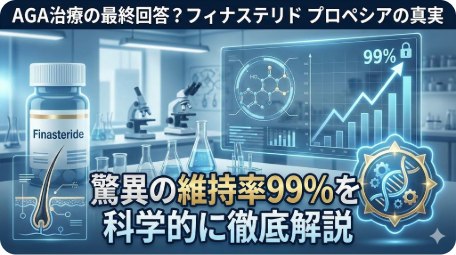 AGA治療薬フィナステリドとプロペシアの科学的解説。維持率99%を示すグラフと薬瓶のアイキャッチ画像 TITLE: AGA治療の最終回答：フィナステリドとプロペシアの維持率99%解説 FILENAME: aga-finasteride-propecia-99-percent.png