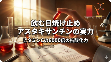研究室で赤いアスタキサンチンカプセルを持つ手と化学構造式。ビタミンCと比較した抗酸化力のグラフ、「飲む日焼け止め アスタキサンチンの実力」「ビタミンCの6000倍の抗酸化力」の文字入りアイキャッチ。 TITLE: 飲む日焼け止めアスタキサンチンの驚異的な抗酸化力とは FILENAME: astaxanthin-supplement-antioxidant.png