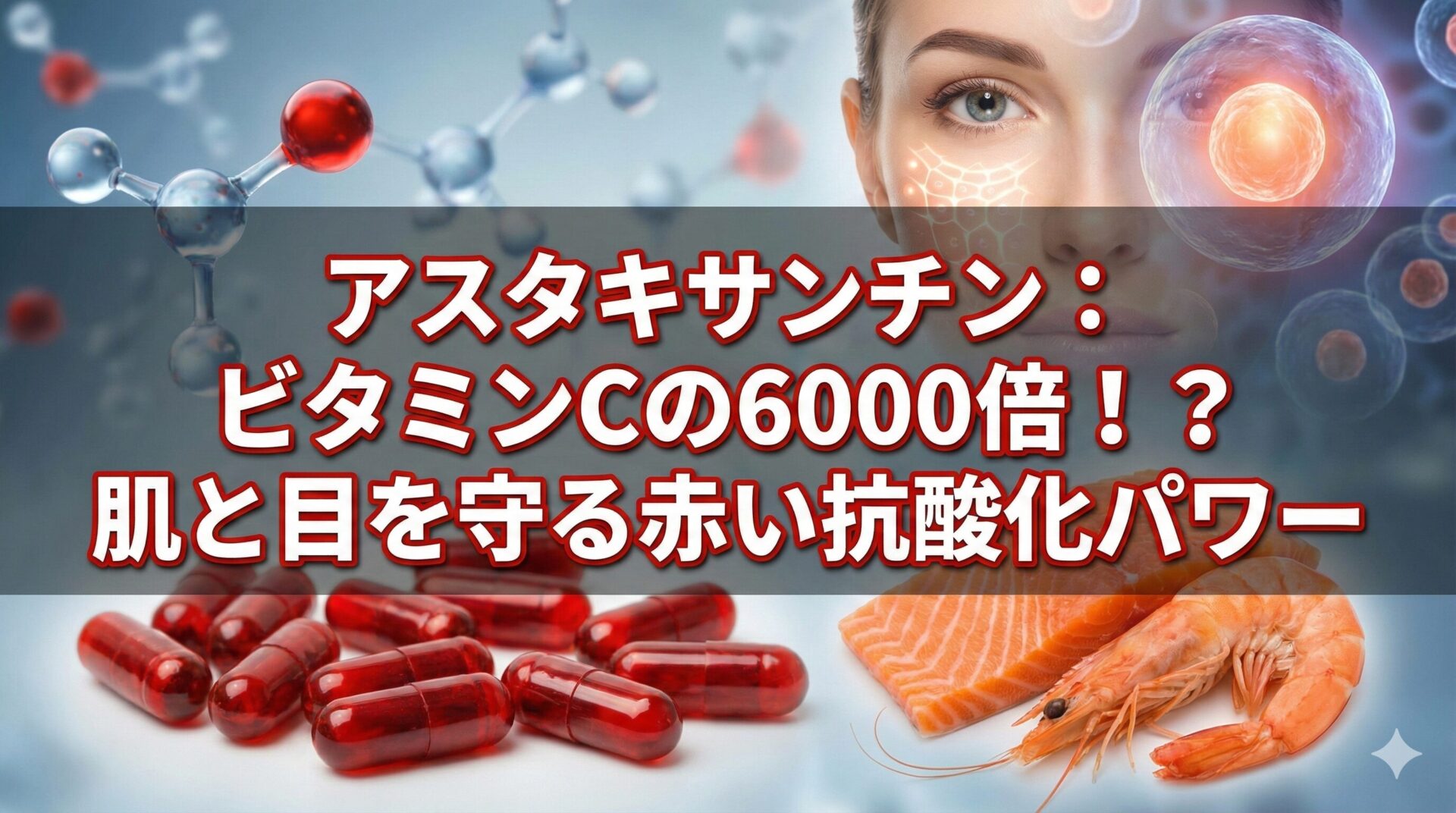 アスタキサンチンサプリメント、鮭、エビ、細胞、女性の顔の画像。「アスタキサンチン：ビタミンCの6000倍！？肌と目を守る赤い抗酸化パワー」という文字。アスタキサンチンが肌と目の老化を止める科学的メカニズムを解説するブログ記事のアイキャッチ画像。