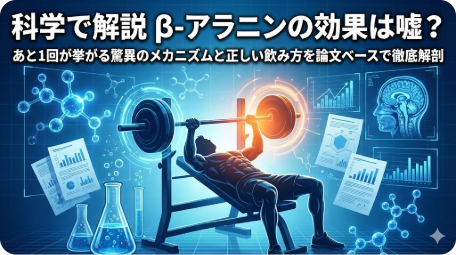 β-アラニンの科学的効果と「あと1回」が挙がるメカニズムを解説した記事のアイキャッチ画像 TITLE: 科学で解説・β-アラニンの効果と正しい飲み方 FILENAME: beta-alanine-science-effect.png