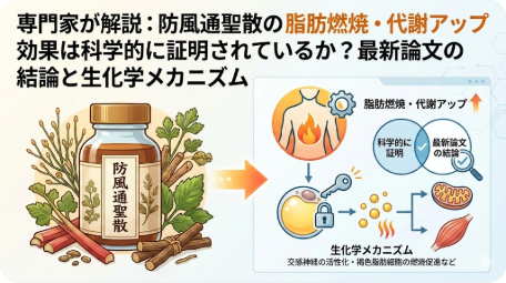 防風通聖散の脂肪燃焼・代謝アップ効果に関する科学的根拠と生化学メカニズムを解説したアイキャッチ画像 TITLE: 防風通聖散の科学的効果と最新論文の結論 FILENAME: bofutsushosan-fat-burning-science.png