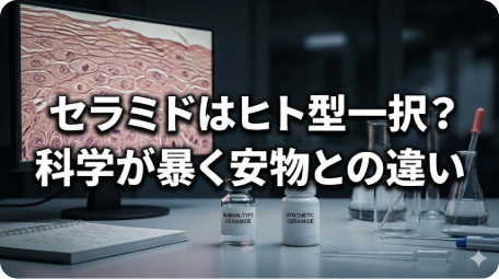 研究室でヒト型セラミドと安価な合成セラミドの浸透力の違いを比較検証している様子。「セラミドはヒト型一択？科学が暴く安物との違い」という文字入りで、スキンケア成分の科学的根拠を解説するアイキャッチ画像。 TITLE: 【成分比較】ヒト型セラミドと安物の決定的な違いとは FILENAME: ceramide-human-type-comparison.png