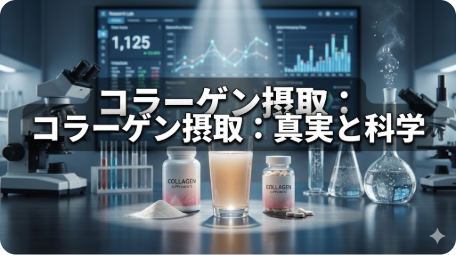 研究室でコラーゲンサプリメントとデータ画面が表示された様子。「コラーゲン摂取：コラーゲン摂取：真実と科学」の文字。1,125人の検証データに基づくコラーゲンは飲むだけ無駄かどうかの科学的結論を示すブログ記事のアイキャッチ画像。 TITLE: コラーゲンは飲むだけ無駄？1,125人の検証データが示す科学的結論 FILENAME: collagen-intake-truth-science-data.png
