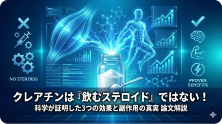 クレアチンは飲むステロイドではない！科学的な効果と副作用の真実を解説するアイキャッチ画像 TITLE: クレアチンは飲むステロイドではない？科学が証明した効果と副作用 FILENAME: creatine-not-steroid-science-effects.