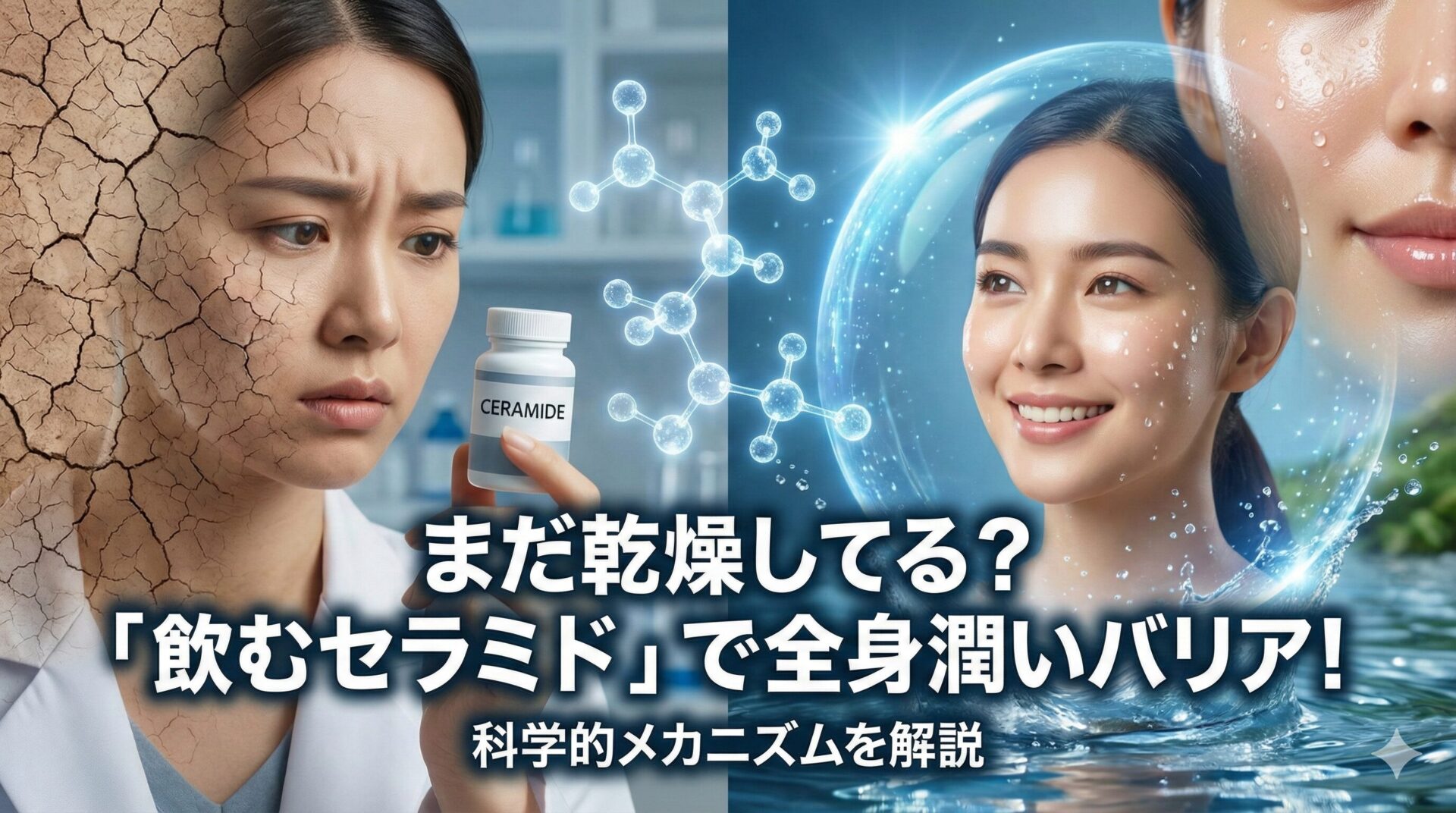 乾燥してひび割れた肌に悩む女性とセラミドのボトル、対照的に潤いに満ちた透明感のある肌で微笑む女性と水のバリア。中央にセラミドの化学構造式。「まだ乾燥してる？『飲むセラミド』で全身潤いバリア！ 科学的メカニズムを解説」という文字。飲むセラミドの効果と科学的メカニズムを解説する記事のアイキャッチ画像。