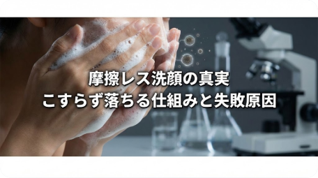 濃密な泡で洗顔する女性と背景の顕微鏡、画像内文字「摩擦レス洗顔の真実 こすらず落ちる仕組みと失敗原因」。科学的根拠に基づいた正しい洗い方と汚れが残る人の決定的なミスを解説。 TITLE: 摩擦レス洗顔は嘘？こすらず落ちる科学的根拠と失敗する人の決定的なミス FILENAME: frictionless-facewash-truth-mistake.png