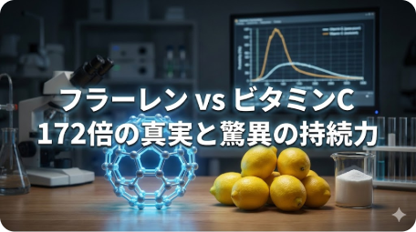 科学実験室で輝くフラーレン構造とレモン・ビタミンCを比較配置。「フラーレン vs ビタミンC 172倍の真実と驚異の持続力」の文字入り。抗酸化力と持続性の違いを検証するアイキャッチ画像。 TITLE: フラーレンvsビタミンC：172倍の抗酸化力と持続力の真実 FILENAME: fullerene-vs-vitaminc-antioxidant.png