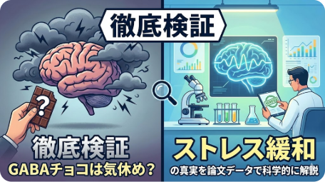 GABAチョコのストレス緩和効果を科学的に検証する記事のアイキャッチ画像 TITLE: 【徹底検証】GABAチョコは気休め？ストレス緩和の真実と論文データ FILENAME: gaba-chocolate-stress-relief-science.png
