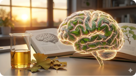 輝く脳とイチョウの葉。科学が解明するイチョウ葉エキスの効果と脳の若返りメカニズム TITLE: イチョウ葉エキスと脳の若返りメカニズム FILENAME: ginkgo-biloba-brain-memory.png