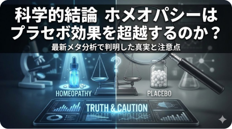 科学的結論：ホメオパシーはプラセボ効果を超えるか？最新メタ分析の結果と注意点を解説するアイキャッチ画像 TITLE: ホメオパシーとプラセボ効果の科学的検証 FILENAME: homeopathy-vs-placebo-science-conclusion.