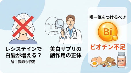 L-システインで白髪が増えるという噂を医師が否定。美白サプリの副作用とビオチン不足の関係を解説するアイキャッチ画像 TITLE: L-システインの白髪副作用は嘘？美白サプリとビオチンの真実 FILENAME: l-cysteine-gray-hair-biotin.png