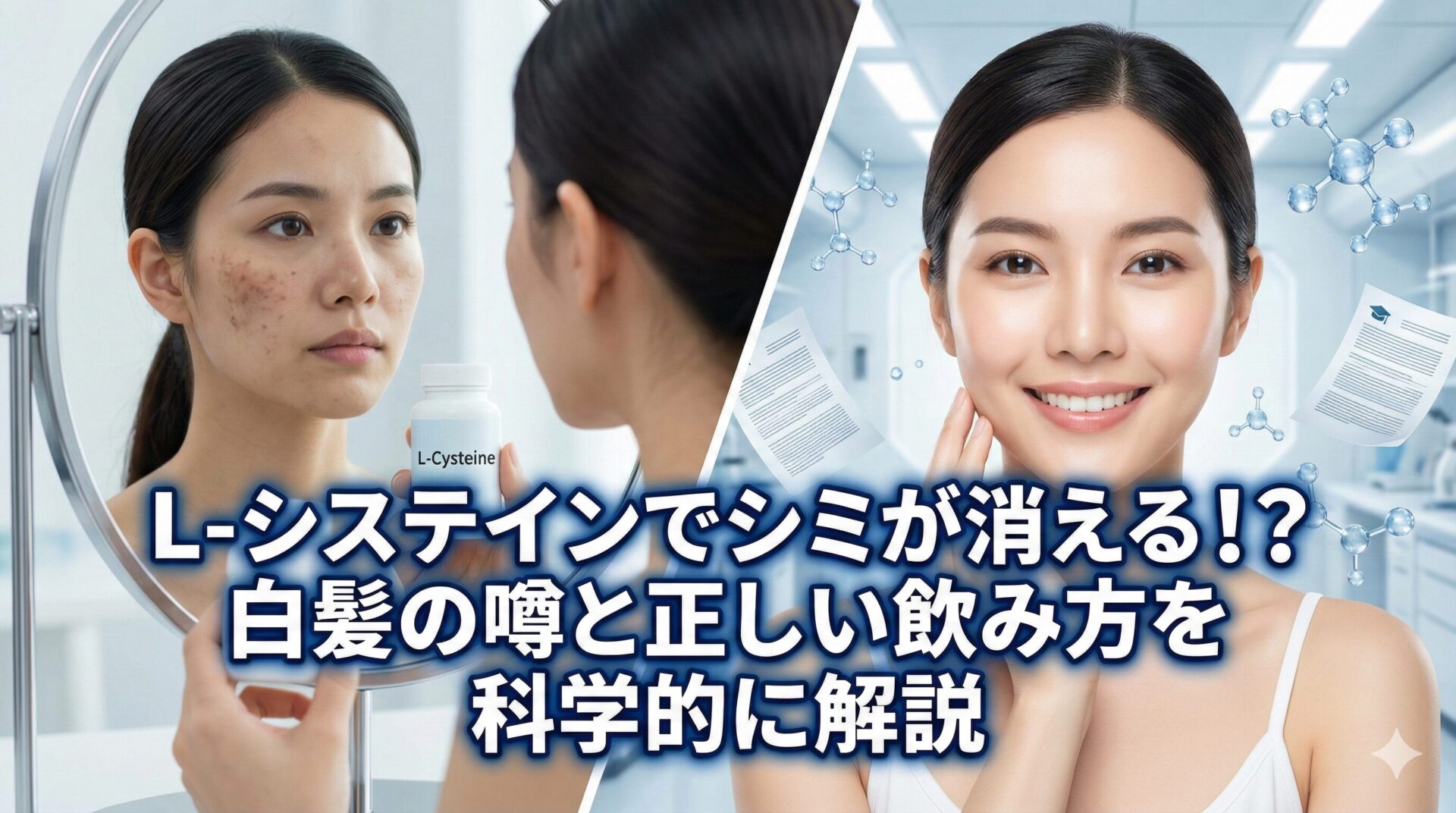 L-システインのボトルを持ち、鏡でシミのある顔を見る女性と、シミがなくなり笑顔で輝く女性のビフォーアフター画像。背景には科学的な分子構造と論文のイメージ。「L-システインでシミが消える！？白髪の噂と正しい飲み方を科学的に解説」という文字。L-システインの効果と白髪への影響、正しい飲み方を科学的根拠に基づいて解説する記事のアイキャッチ。