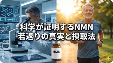 科学者が顕微鏡で研究する実験室と、若々しい男性がジョギングする公園の分割画面。中央にNMNのサプリメントボトルと「科学が証明するNMN 若返りの真実と摂取法」というテキスト。 TITLE: 【科学的根拠あり】NMNの若返り効果と失敗しない摂取法 FILENAME: nmn-science-anti-aging-truth.png