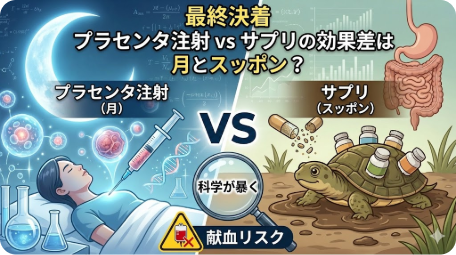 プラセンタ注射とサプリの効果差を月とスッポンで比較したアイキャッチ。成長因子の分解と献血リスクの警告。 TITLE: プラセンタ注射vsサプリの科学的効果差とリスク FILENAME: placenta-injection-vs-supplement.png