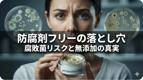防腐剤フリー化粧品のリスクを憂慮する女性。手に持ったクリームにはカビが生え、背景には細菌の培養皿がある。画像内テキスト「防腐剤フリーの落とし穴 腐敗菌リスクと無添加の真実」。 TITLE: 防腐剤フリー化粧品の危険性とは？腐敗菌リスクと無添加の真実 FILENAME: preservative-free-cosmetics-risk.