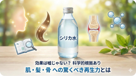 シリカ水の科学的根拠と肌・髪・骨への再生力を示すアイキャッチ画像 TITLE: シリカ水の効果は嘘じゃない？科学的根拠と再生力 FILENAME: silica-water-science-evidence.png