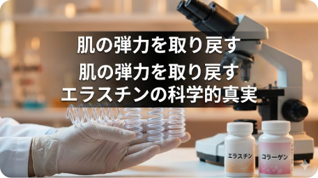 肌の弾力を取り戻すためのエラスチンとコラーゲンの科学的真実を示す実験室の様子。サプリメントのボトルと肌のバネの模型、顕微鏡が写っている。 TITLE: 肌の弾力とエラスチンの科学的真実 FILENAME: skin-elasticity-elastin-collagen-science.png
