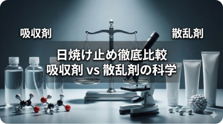 科学実験室で天秤や顕微鏡を使い日焼け止めの紫外線吸収剤と散乱剤を比較しているアイキャッチ画像。中央に「日焼け止め徹底比較 吸収剤 vs 散乱剤の科学」のタイトル文字。肌に優しい選び方や成分の違いを解説する記事用。 TITLE: 日焼け止め吸収剤と散乱剤どっちがいい？科学的に比較し正解を解説 FILENAME: sunscreen-comparison-science.
