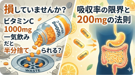 ビタミンCの吸収率の限界と200mgの法則を解説するアイキャッチ画像 TITLE: ビタミンCは1000mg一気飲みだと半分無駄？吸収率の解説 FILENAME: vitamin-c-1000mg-absorption-limit.png