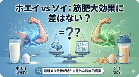 ホエイとソイの筋肥大効果比較。最新メタ分析で差がないことを示すアイキャッチ画像 TITLE: 結論：ホエイvsソイの筋肥大効果に差はない？最新メタ分析の結果 FILENAME: whey-vs-soy-muscle-hypertrophy.png