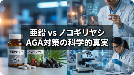 左側に亜鉛サプリとノコギリヤシの実・ボトル、右側にAGA研究を行う科学者と顕微鏡画像。中央に「亜鉛 vs ノコギリヤシ AGA対策の科学的真実」の文字オーバーレイ。薄毛対策の科学的メカニズムを示すアイキャッチ。 TITLE: 亜鉛とノコギリヤシは本当にAGAに効く？科学的真実を徹底解説 FILENAME: zinc-saw-palmetto-aga-science.
