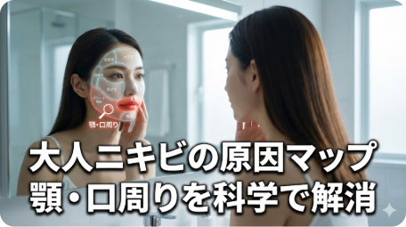 鏡を見る女性の顔に、顎や口周りの大人ニキビの原因を示すマップと「大人ニキビの原因マップ 顎・口周りを科学で解消」という文字が表示されているアイキャッチ画像。 TITLE: 【場所別】大人ニキビの原因マップ！顎・口周りの治し方 FILENAME: adult-acne-map-chin-mouth.png