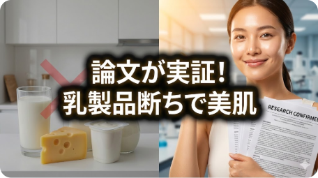論文が実証する乳製品断ち（カゼインフリー）のニキビ改善効果を示すアイキャッチ画像。左側に牛乳やチーズに×印、右側に美肌の女性と研究結果の書類。「論文が実証！乳製品断ちで美肌」の文字入り。 TITLE: 論文が実証！乳製品断ちで美肌（カゼインフリーのニキビ改善効果） FILENAME: casein-free-acne-study-results.png