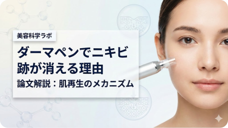 ダーマペンの施術を受ける女性と肌再生の分子構造イラスト。論文解説に基づく、わざと肌を傷つけてニキビ跡が消える理由とメカニズムを図解したアイキャッチ画像。 TITLE: ダーマペンでニキビ跡が消える理由を論文解説。肌再生の仕組み FILENAME: dermapen-acne-scar-mechanism-science.png