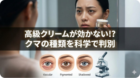 鏡で目の下のクマを確認しながら高級アイクリームを持つ女性。画像内テキスト「高級クリームが効かない!? クマの種類を科学で判別」。血管型、色素沈着型、影型のクマの種類の図解と顕微鏡のイラスト。科学的なクマの判別と医学的な正解ケアを解説する記事のアイキャッチ画像。 TITLE: 【3秒診断】高いアイクリームが効かない理由とは？科学で判別するクマの種類と医学的正解ケア FILENAME: eye-cream-not-working-dark-circles-science-types.png