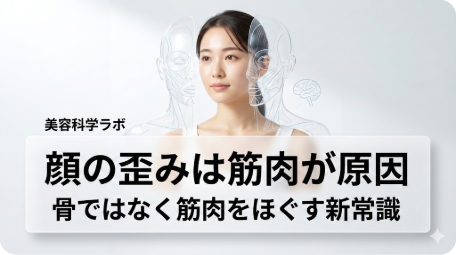 美容科学に基づき、顔の歪みの原因が骨ではなく筋肉にあることを示すアイキャッチ。女性の顔と筋肉の透過イラスト、「顔の歪みは筋肉が原因」というタイトル文字入り。 TITLE: 顔の歪みは骨ではなく筋肉が原因。美容科学ラボが解説する新常識 FILENAME: face-distortion-muscle-not-bone.png