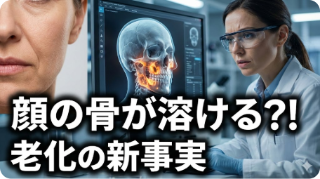 ほうれい線に悩む女性の顔と、研究室のモニターで顔の骨格（頭蓋骨）の老化現象を分析する科学者の様子。「顔の骨が溶ける?! 老化の新事実」というテキストオーバーレイ。 TITLE: 【衝撃】ほうれい線の原因は「顔の骨の溶解」？老化の新事実を解説 FILENAME: facial-bone-loss-aging.png