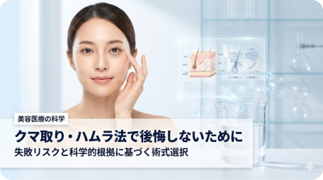 科学的根拠に基づくクマ取り（ハムラ法）の失敗リスクと術式選択を解説する記事のアイキャッチ。ラボ背景で皮膚構造や分子の図と共に、目の下を気にする女性が写っている。 TITLE: 後悔しないクマ取りハムラ法。失敗リスクと科学的根拠に基づく選択 FILENAME: hamra-method-failure-risk-science.png