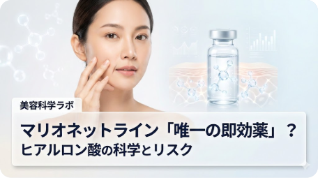 口元のマリオネットラインを気にする女性とヒアルロン酸ボトル、分子構造のイラストが描かれた美容科学ラボ風のアイキャッチ画像。ヒアルロン酸注入が「唯一の即効薬」とされる科学的理由とリスクについての解説記事用。 TITLE: ヒアルロン酸はマリオネットラインの「即効薬」か？科学とリスク FILENAME: marionette-lines-hyaluronic-acid-science-risks.png