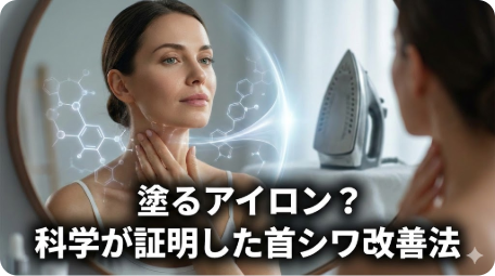 鏡の前で首に触れる女性と科学的なエフェクト、背景のアイロン。画像内の文字は「塗るアイロン？ 科学が証明した首シワ改善法」。首のシワを科学的に改善する方法と、やってはいけないケアについての記事のアイキャッチ画像。 TITLE: 首のシワにアイロン？科学が証明した改善法とNGケア FILENAME: neck-wrinkle-iron-science.png