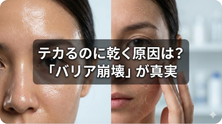 脂性肌のテカリとインナードライの乾燥肌を左右で比較した画像。中央に「テカるのに乾く原因は？『バリア崩壊』が真実」というテキストがあり、肌のバリア機能低下が原因であることを示している。 TITLE: 脂性肌とインナードライの違いは？テカるのに乾く「バリア崩壊」の原因と見分け方 FILENAME: oily-skin-inner-dry-barrier-comparison.