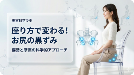 正しい姿勢で椅子に座る女性と骨盤の圧力ポイントを示す科学的な図解。お尻の黒ずみと座り方、摩擦の関係を解説する美容科学ラボの記事アイキャッチ画像。 TITLE: 座り方で変わる！お尻の黒ずみ｜姿勢と摩擦の科学的アプローチ FILENAME: oshiri-kurozumi-sitting-posture-science.png