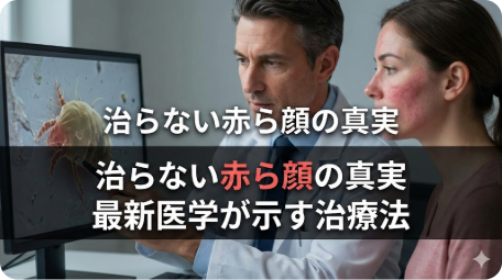 医師と赤ら顔の女性患者がモニターで顔ダニの画像を見ている診察風景。「治らない赤ら顔の真実、最新医学が示す治療法」という文字が重なり、酒さの原因とされる顔ダニと最新の治療アプローチについて解説する記事のアイキャッチ画像。 TITLE: 【最新医学】赤ら顔の正体は酒さ？顔ダニの真実と3つの治療法 FILENAME: rosacea-face-mite-treatment.png