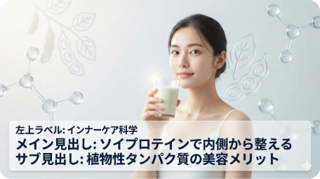 明るい白背景でソイプロテインのグラスを持つ健康的な女性と、美容科学を示す透明な分子構造や大豆のイラスト。インナーケア科学の視点からソイプロテインの美容メリットを解説するブログ記事のアイキャッチ画像。 TITLE: ソイプロテインは美容に良い？科学的視点でインナーケアを解説 FILENAME: soy-protein-beauty-science.