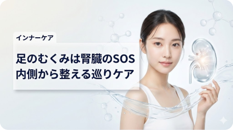 足のむくみと腎臓のSOSを解説するブログアイキャッチ。女性と腎臓の透明アイコン、水の流れ、分子構造。「インナーケア」「内側から整える巡りケア」の文字入り。 TITLE: 足のむくみは腎臓からのSOS？内側から整える巡りケア FILENAME: swelling-kidney-sos-inner-care.png