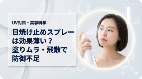 日焼け止めスプレーを使う女性の画像。「効果薄い？塗りムラ・飛散で防御不足」とUV対策の注意点を美容科学で解説する記事アイキャッチ。 TITLE: 日焼け止めスプレーは効果なし？塗りムラ・飛散で防御不足の理由 FILENAME: sunscreen-spray-ineffective-uv-protection.png