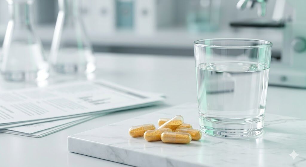 飲むセラミドサプリのカプセルと水のグラス。乾燥肌への効果を論文データで検証する記事のアイキャッチ画像。ラボ風の背景。