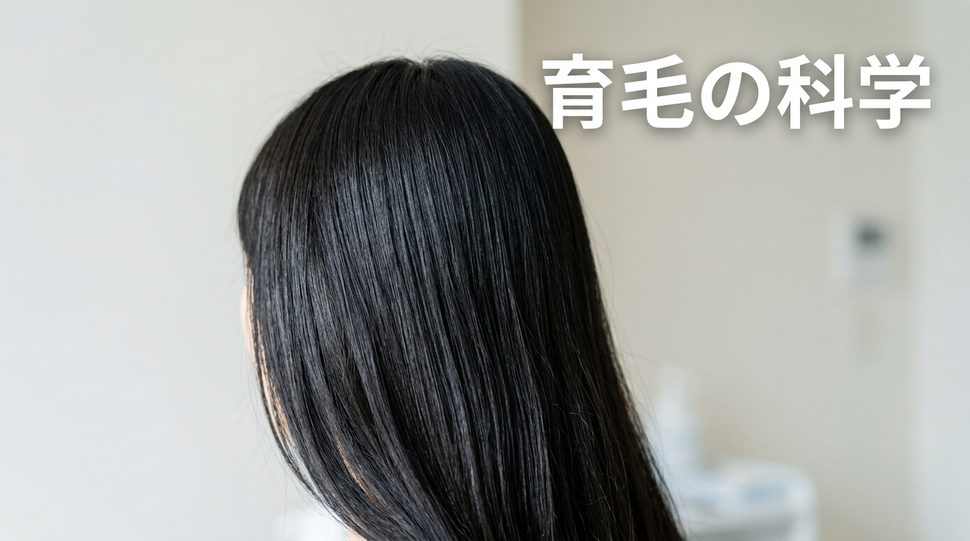 健康的な髪のクローズアップ写真と「育毛の科学」の白文字タイトルが配置された美容ブログのアイキャッチ画像。AGA・薄毛・抜け毛を論文ベースで解説