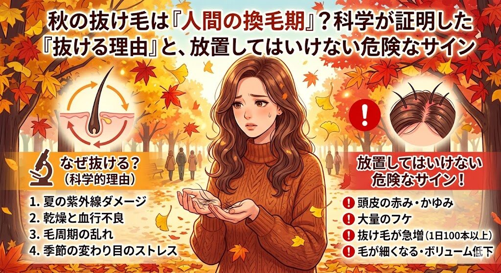 「秋の抜け毛は『人間の換毛期』？科学が証明した『抜ける理由』と、放置してはいけない危険なサイン」というタイトルの日本語インフォグラフィック。秋の抜け毛の科学的原因と、頭皮トラブル・薄毛などの危険サインを解説。
